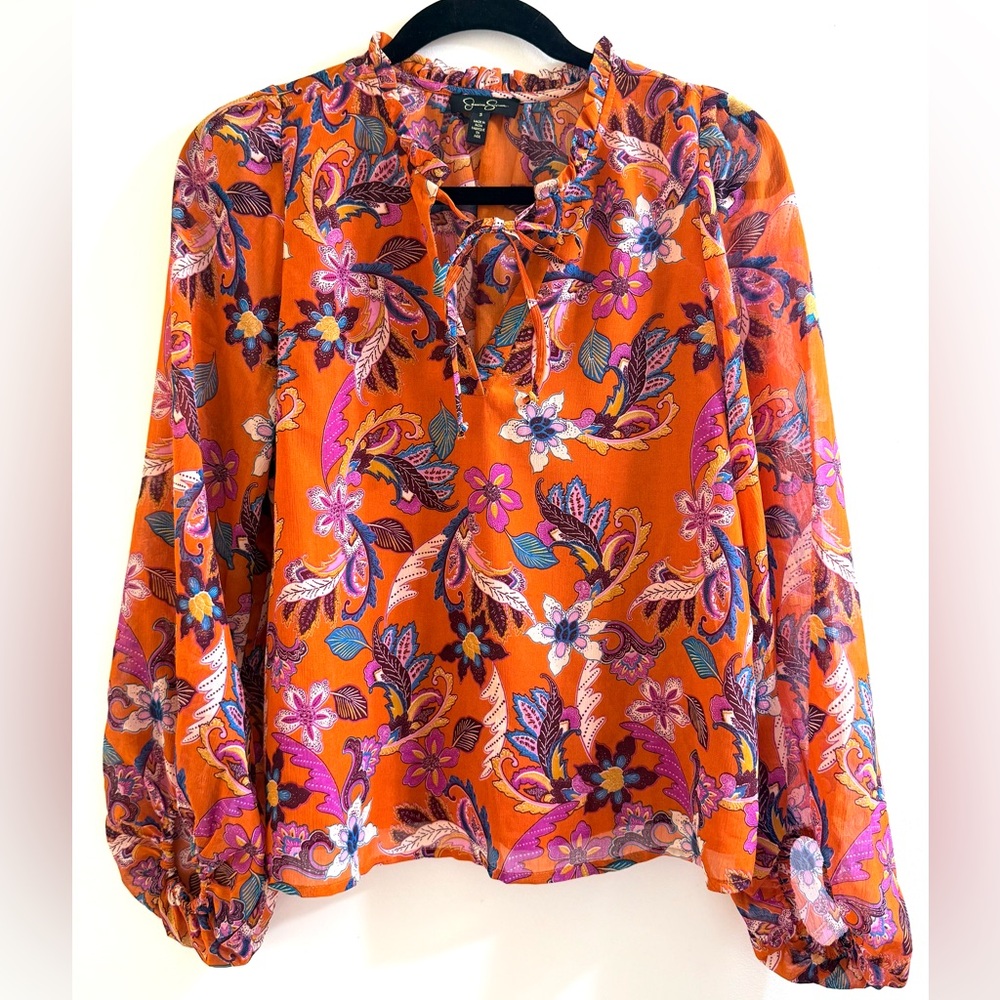 Jessica Simpson Vibrant Orange Sheer Floral Boho Blouse Size S